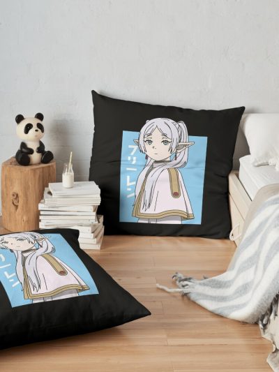 Cute Frieren With Japanese Text Throw Pillow Official Frieren Merch